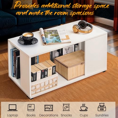 Image of ABOUT SPACE Coffee Table - Portable Wooden Centre Table with Open Storage - Furniture - Sofa /Tea /Teapoy for Living Room, Home, Office (White - L 80 x B 40 x H 42 cm)