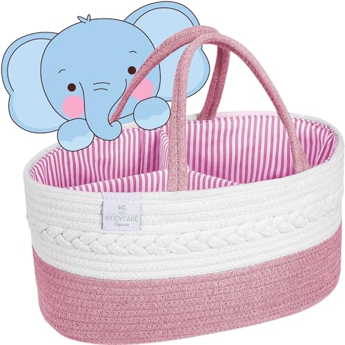 Image of KiddyCare Woven Diaper Caddy Organizer, Large Gray Multi Functional Portable Baby Basket with Handle, Baby Gift for Boy/Girl Nursery Storage, Organization, and Modern Car Diaper Caddy Pink X-Large