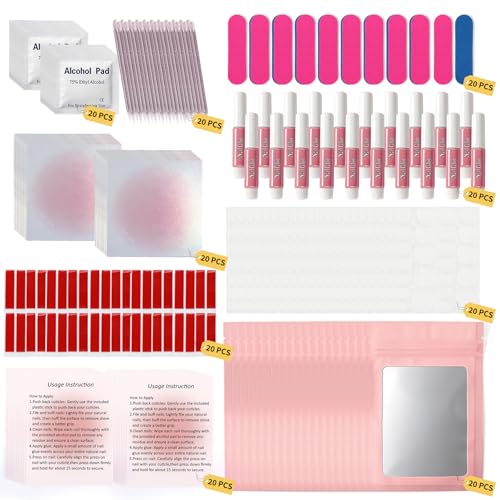 ANGNYA 20PCS 9-IN-1 Press On Nail Tool Kit: Instruction Cards, Pink Cards, Sticky Tapes, Nail Glue, Adhesive Tabs, Mini Nail File, Acrylic Sticks, Prep Pads and Bags, Nail Prep Kit for Nail Business