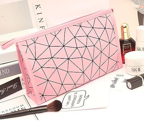 Image of Makeup Bag for Women, Diamond Pattern Makeup Bag with Zipper Large Capacity Travel Toiletry Bag - Pink