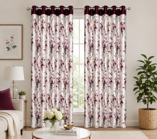Image of 9 Feet Polyester Floral Light Filtering Long Door Curtains for Bedroom, Living Room & Hall, Eyelet Top, Wine Print Curtain Set of 2