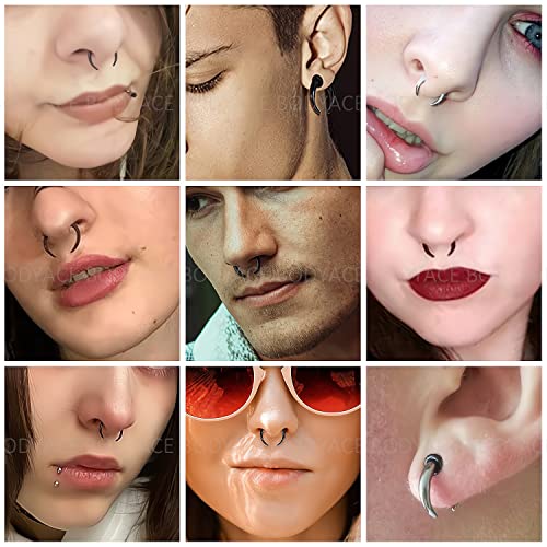 Bodyace C Shape Septum Pincher Tapers, 14G 16G Buffalo Ear Taper Kit Stretching Expanded Nose Rings, Horseshoes Black Gold Septum Rings With O-Rings (Silver) #TOP6