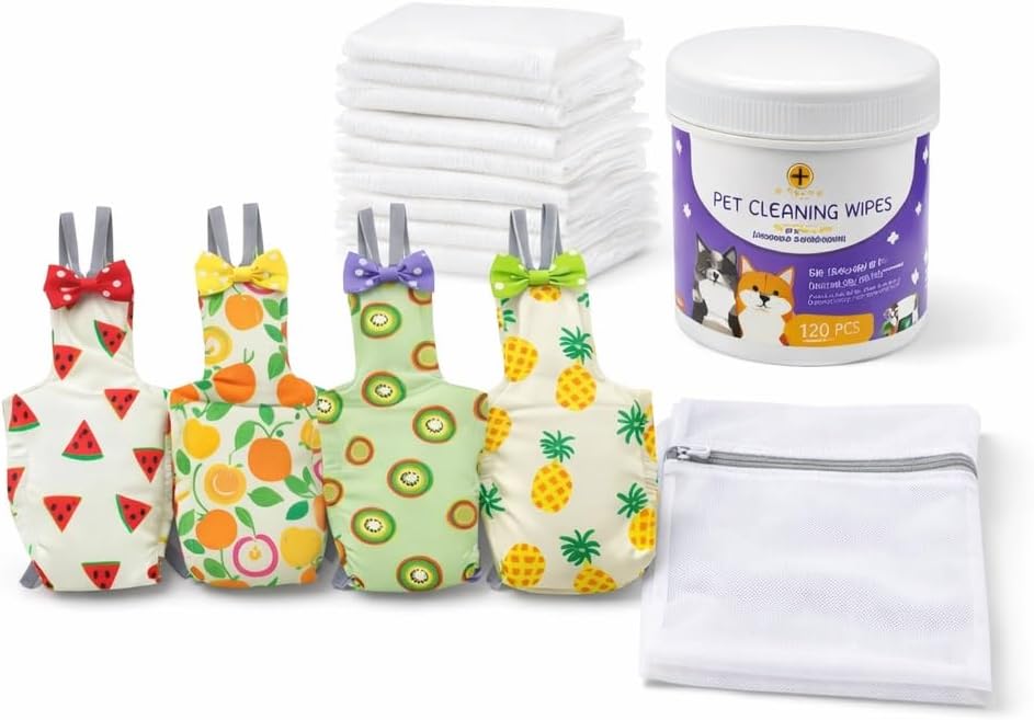 Bird Diaper Starter Kit, 4 Pack Reusable Parrot Diapers with 60 Disposable Liners 120ct Cleaning Wipes Laundry Wash Bag, Easy Cleanup for Indoor Birds(L)