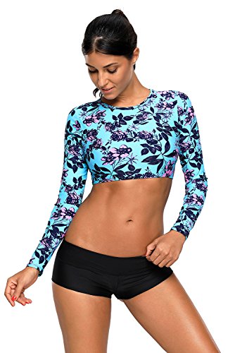 Foryingni Women's Floral Swimsuit Long Sleeve Rashguard Tankini Crop Top L Blue (Top Only)