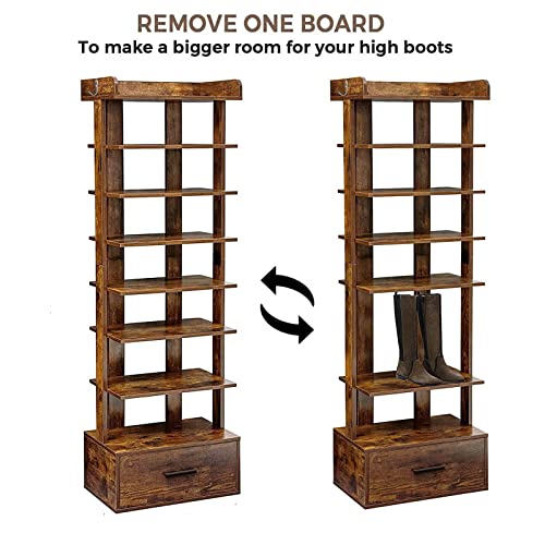Usikey Large Vertical Shoe Rack, 8 Tiers Wooden Shoes Racks With Bottom Drawer, Top Storage & 2 Hooks, Double Shoes Storage, Modern Shoe Rack Organizer, Shoe Tower For Entryway, Hallway, Rustic Brown #TOP5