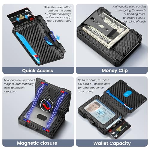 Wallet for Men, RFID Blocking Slim Mens Wallet with Money Clip, Minimalist Pop Up Card Case, ID Window, 9-11Cards Capacity, Bifold Leather Front Pocket Wallet with Gift Box (Black-Carbon Fiber)3