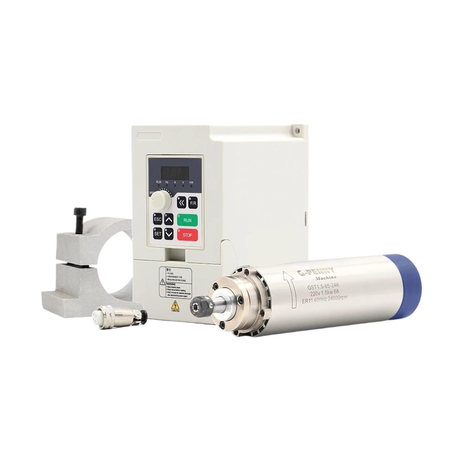 KACOME 1.5kw ER11 air-Cooled Spindle 24000rpm air-Cooled 400Hz 4 Bearings 65x204mm & 1.5kw / Inverter & 65mm Stand(220v)