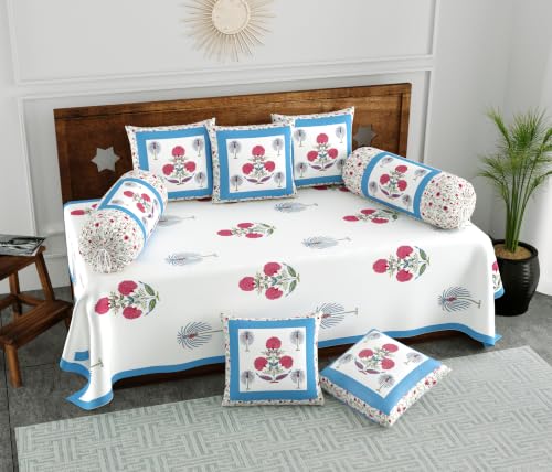 Image of BLOCKS OF INDIA 200TC Diwan Set Cotton 8 Piece | Deewan Printed Bedsheet Sets for Living Room Hall (Set of 8 Piece, 1-Bed Sheet | 2-Bolster Cover | 5-Cushion Cover (Open Blue Motif)