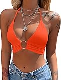 Mizoci Women's Sexy Summer Sleeveless Halter Deep V Neck Crop Top Tie Up Backless Cami,Orange,Large