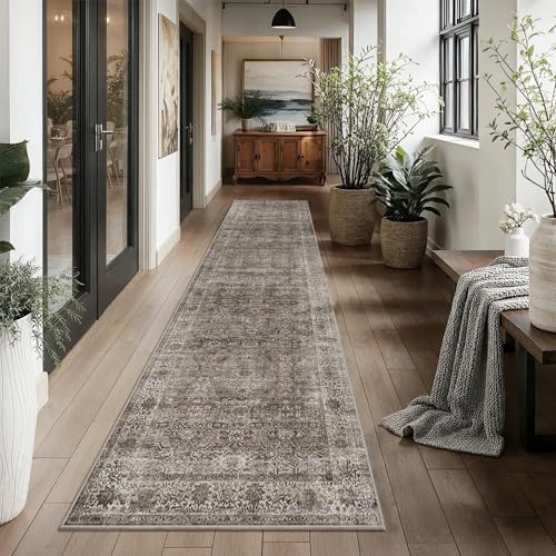 Image of 3x12 Brown Grey Vintage Washable Runner Rugs for Hallway Kitchen Boho Hallway Carpet Low Pile Non-Slip Retro Distressed Accent Throw Rug for Entryway Bathroom Bedroom
