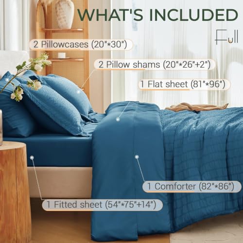 Image of MUXHOMO 7 Pieces Full Comforter Set, Seersucker Bed in a Bag Full Size, All Season Luxury Bedding Set with Comforter, Flat Sheet, Fitted Sheet, Pillowcases & Shams, Teal