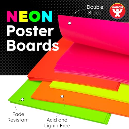 Image of Hygloss Medium Poster Board 22x28 - 100 Assorted Neon Color Bulk Pack - 10 Pt. Thickness Colored Poster Board Paper for Projects, Signs, Displays - Posterboard Multipack 22 inch x 28 inch