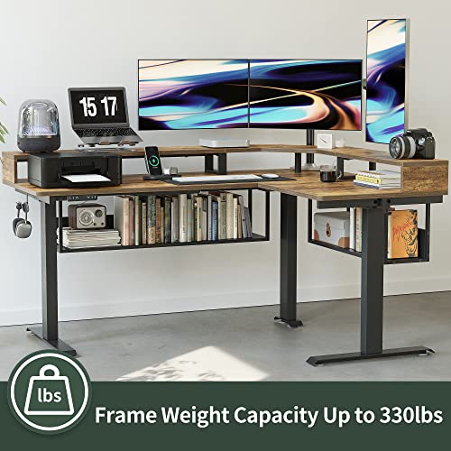 Image of FEZIBO 63 inch L Shaped Standing Desk with Shelves, Large Storage, Triple Motors, Corner Desk with Double Shelves, Rustic Brown