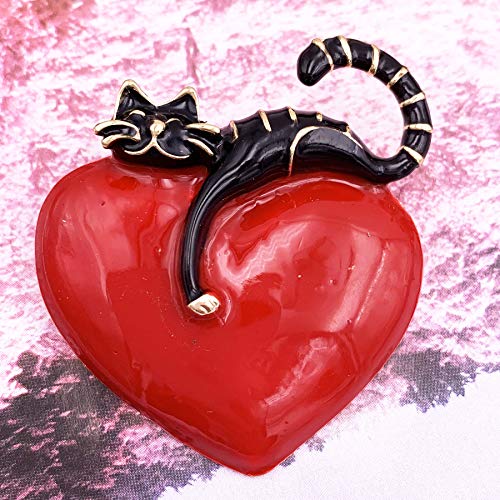 Selovo Cat Valentines Day Gift Red Black Enamel Heart Brooch Pin Gold Tone #TOP2