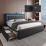 E-Motie Polsterbett 160 x 200 cm mit 4 Schubladen, LED-Beleuchtung, Bettgestell 160x200 mit Verstellbarem Kopfteil, Ladestation, Metalllattenrost, Einfache Montage, Schwarz