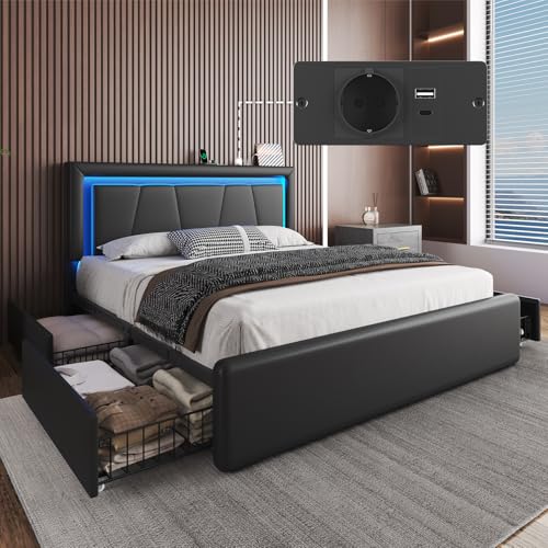 E-Motie Polsterbett 160x200 mit 4 Schubladen, LED-Beleuchtung, Bettgestell 160 x 200 cm mit Verstellbarem Kopfteil, Ladestation, Metalllattenrost, Einfache Montage, Schwarz