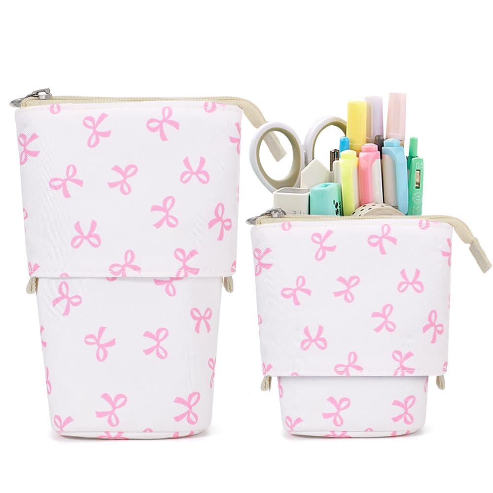 KPX Cute Standing Pencil Case Pen Holder for Kids, Pop Up Stand UP Bubble Tea Pen Organizer Kawaii Stationary for Christmas Holiday New Year Office (Bow)