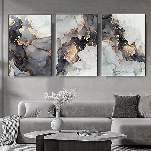Affiches Mur Art Toile noir or marbre abstrait moderne salon triptyque 30x45cm - 2