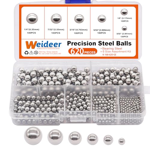 Image of weideer 620pcs Bicycle Bearing Balls Metal Mixing Balls Assortment Kit 1 /4 inch , 7 /32 inch, 3 /16 inch, 5 /32 inch , 1 /8 inch, 3 /32 inch. Precision Steel Balls K-168-620-GE