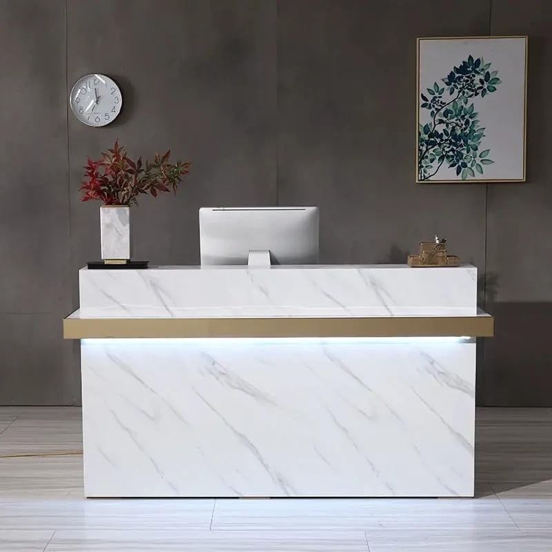 Image of Luxury White Front Desk Counter with Gold Accent Lighting for Office Lobby, Salon, and Hotel, Shopping Mall, Shop, Modern Marble Commercial Reception Areas - (RCT-80 LPB L6W2)