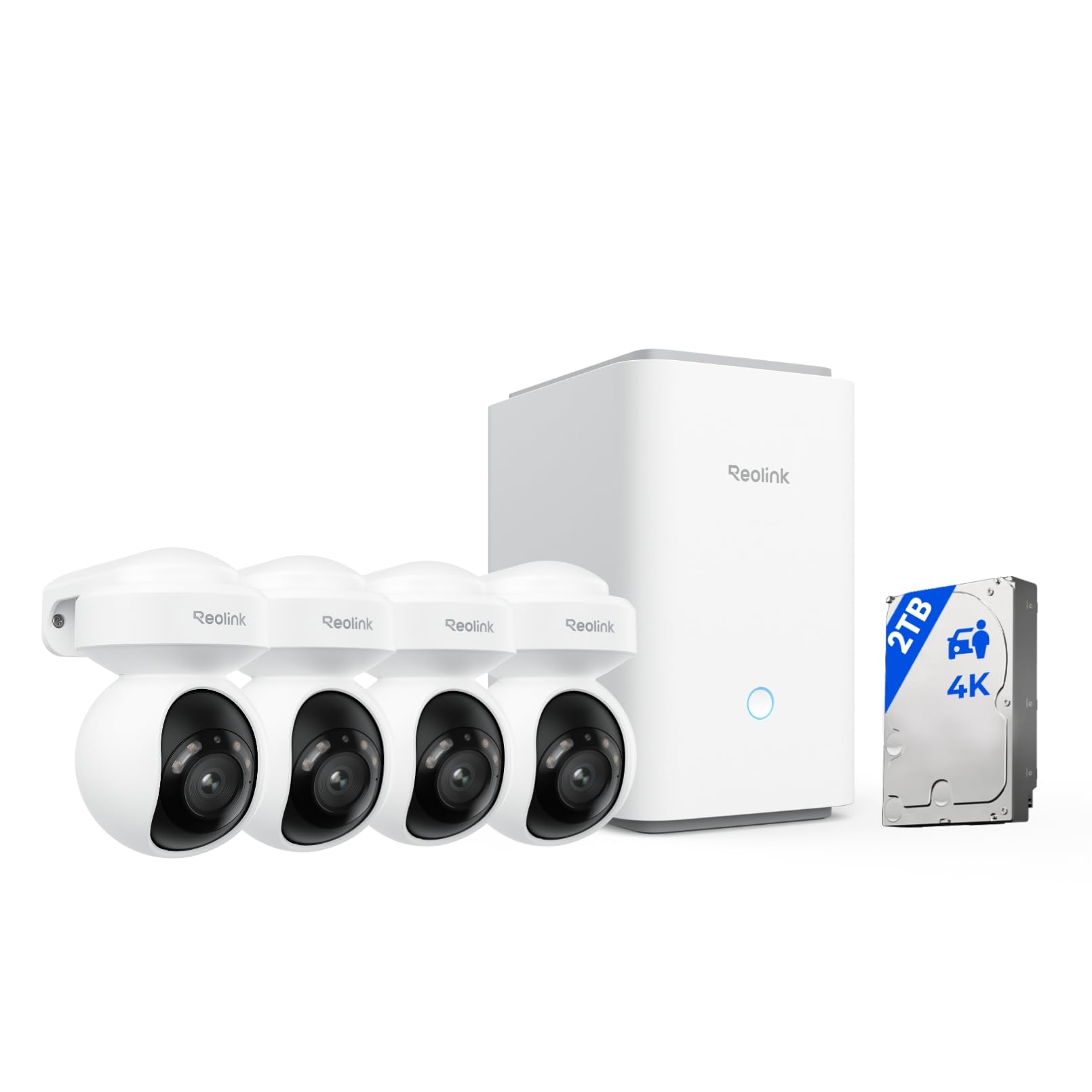 Reolink 4K Wi-Fi 6 Überwachungskamera Set Aussen mit 2TB HDD, Erweitbar auf 16TB, Pan &Tilt & Auto-Tracking, 360° Blick, Anti-Diebstahl-Verschlüsselung, KI-Erkennung, Home Hub Pro+4× E1 Outdoor S