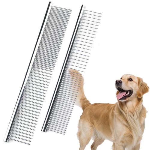 Dog Comb to Remove Tangles and Knots, Cat Comb with Stainless Steel Teeth and Non-Slip Handle, Dog combs for grooming matting for Long Haired Pets (Large &amp; Small)