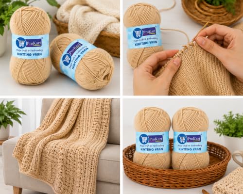 Image of ProKart Premium Woolen 4 ply Hand Knitting Wool Yarn | Fine Weight Knitted and Crocheted Soft Yarn for Sweater, Scarf, Hat, Baby Clothes,(1 Ball /100 Gram Each) (Scotch Mist /Beige, 100gms x 2 Pack)