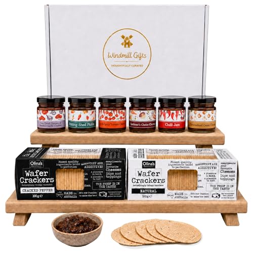 Chutneys Gift Set Bundle With x6 Mini Chutney Selection and Crackers Gift - Including Chili Jam Caramelised Onion Potting Shed Pickle and More - Chutney and Crackers Gift Set Savoury Hampers