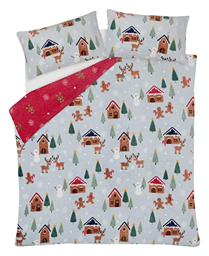 Sleepdown Christmas Scandi - Juego de Funda de edredón con Funda de Almohada, Reversible, Color Gris, Rojo, cálido, súper Suave, con Funda de Almohada, 135 x 200 cm