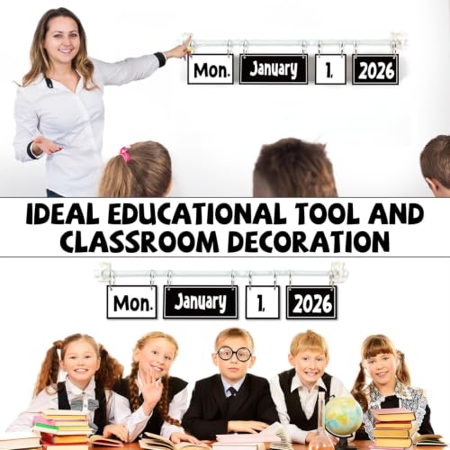 Image of Black White Flip Calendar Bulletin Board Set Black Calendar for Classroom Whiteboard Decor with 2026 to 2030 Years Date Cards and Adjustable Rod for Home Elementary Back to School Teacher Supplies