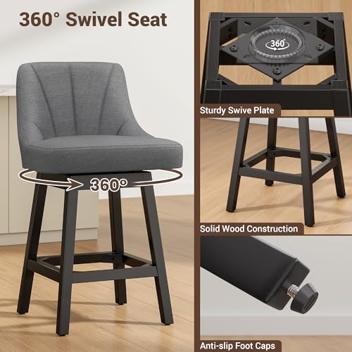 Image of YaFiti Bar Stool with Backs 1 Pcs, 26 inch Counter Height Bar Stools, Modern Linen Fabric Extra Upholstered Barstools with Square Solid Wood Legs for Kitchen Island, Dark Gray