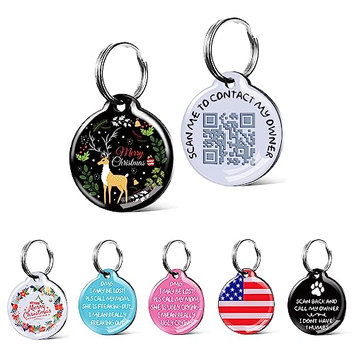 Christmas Reindeer Pattern Dog & Cat Tag - Qr Code Pet Id With Online Profile - Festive Personalized Name - Holiday Themed Nameplate For Pets - Cute Seasonal Gift(Merry Christmas) #TOP1
