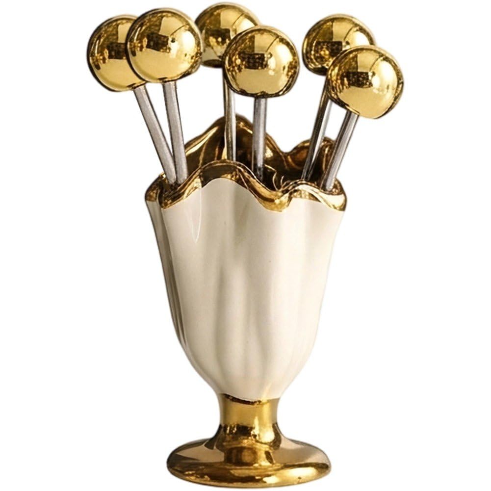 Hrippy 6 Pcs Stainless Steel Fruit Fork with Holder, Dessert Picks Tableware Set for Home Dessert Snack Serving Storage