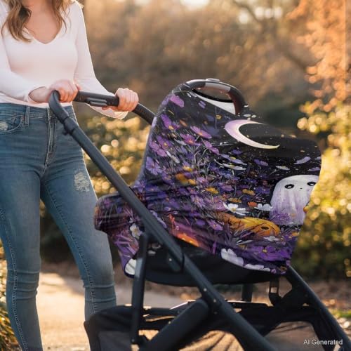 Image of Wanyint Baby Car Seat Cover High Chair Canopy Shopping Cart Cover Soft Breathable Baby Breastfeeding Protector for Breastfeeding Mothers Halloween Decora, Cute Ghost Floral Purple
