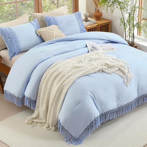 Image of Andency Comforter King Size Set Light Blue, 3 Pieces Boho Tassel Lightweight Fluffy Bedding Comforters & Sets, Soft All Season Bed Set (104x90In Comforter & 2 Pillowcases)