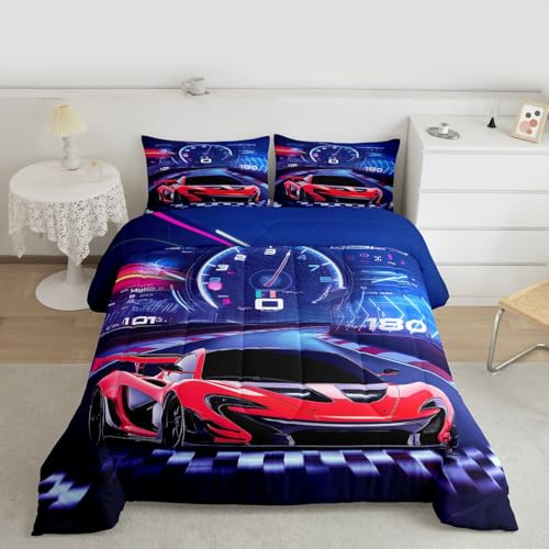 Image of Feelyou Purple Red Race Car Comforter Set Boys Extreme Sports Car Bedding Set for Kids Boys Cool Car Comforter Car Sports Inner Fill Duvet Set 1 Comforter Set with 2 Pillowcases Queen Size