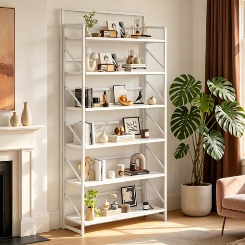 Image of JSB 6 Tier No Assembly Folding Bookshelf, 30.3 inch Wide Foldable Storage Bookcase for Home Office, Space-Saving Storage Shelf for Living Room (All White)