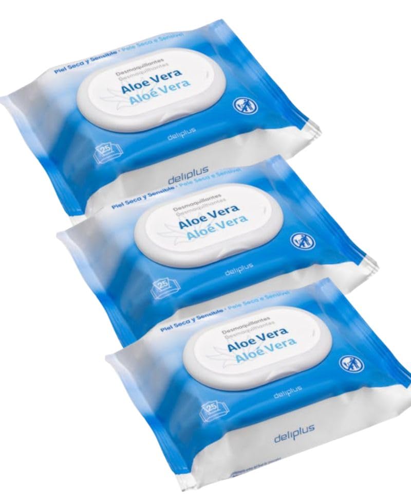Dliplus Toallitas Desmaquillantes con Aloe Vera para Piel Seca y Sensible, Cara y Ojos, 25 Unidades, Pack de 3