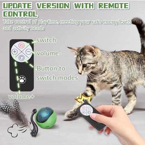 Interactive Cat Toy Ball, Automatic Self-Rolling Cat Toy with Feather Tail, Rechargeable Smart Cat Ball for Indoor Cats(Dark Green) - Image 2