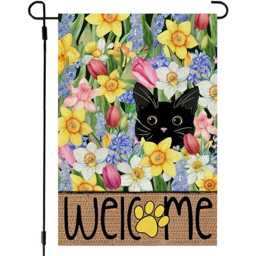 CROWNED BEAUTY Spring Floral Black Cat Garden Flag for Outside 12x18 Inch