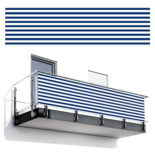 MuchoWow© Balkon Sichtschutz Einseitig 75x300 cm Groß PVC Kunststoff Garten Windschutz ohne Bohren Wetterfest Sichtschutzzaun Terrasse Balkonverkleidung Deko Muster - Streifen - Blau - Dunkel