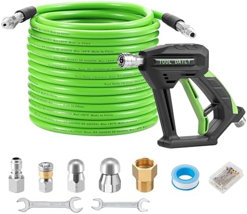 Tool Daily Sewer Jetter Kit for Pressure Washer 50 FT, Short Power Washer Gun, Drain Cleaner Hose 1/4 Inch NPT, Corner, Rotating and Button Nose Sewer Jet Nozzle, 3600 PSI