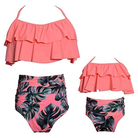 Women Swimwear High Waisted Parent-Child Swimwear Floral Print Halter Ruffle 24-Pieces Bikini Sets Swimming Costume Orange Cover