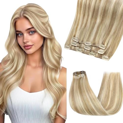 Image of Sunny Hair Clip in Hair Extensions Real Human Hair Blonde Highlighted | 22 Inch Clip in Remy Hair Extensions Blonde Highlights with Easy Install Comfort Wear for Concert 85g