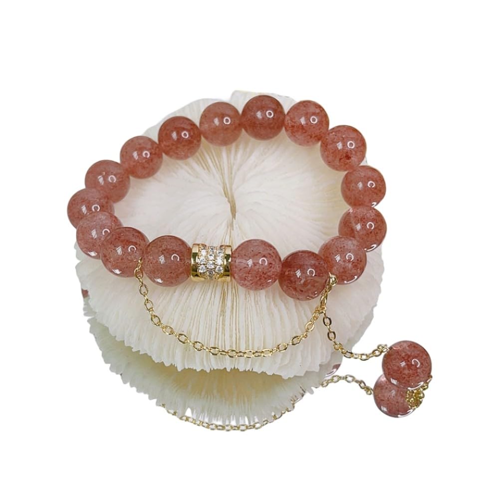 Bracciale Perle,Braccialetti Di Perline Perline Di Cristallo Fragola Naturale Braccialetti Con Ciondolo A Cilindro In Zircone Dorato Con Bracciale In Cristallo Elastico Gioielli In Cristallo Reiki P