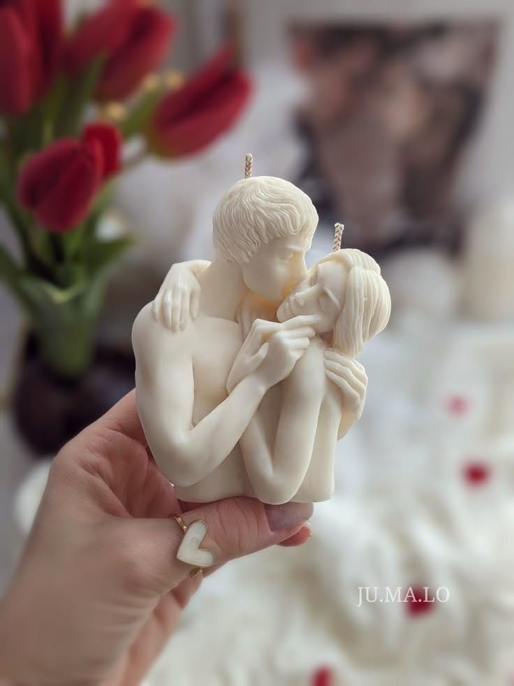 Image of Romantic Couple Sculpted Candle, Ivory White, Kissing Embrace Figure, Decorative Home Decor Gift