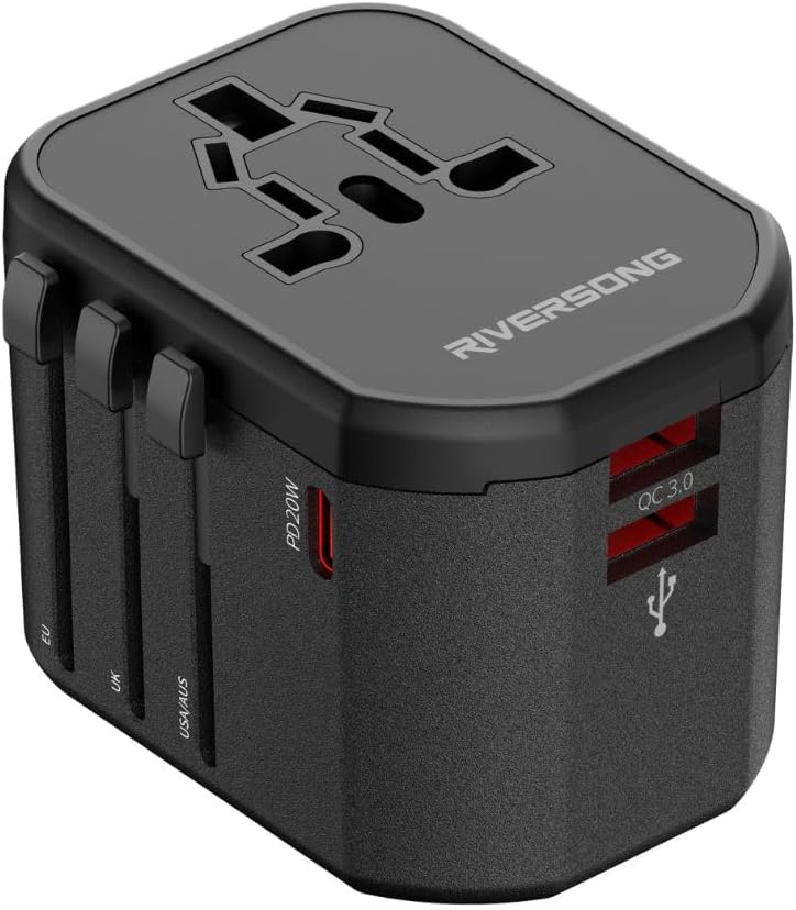 RIVERSONG4-in-1 International Travel Adapter, 3-Port Output 20W Charger, US/UK/EU plug compatibility, AD108, Black