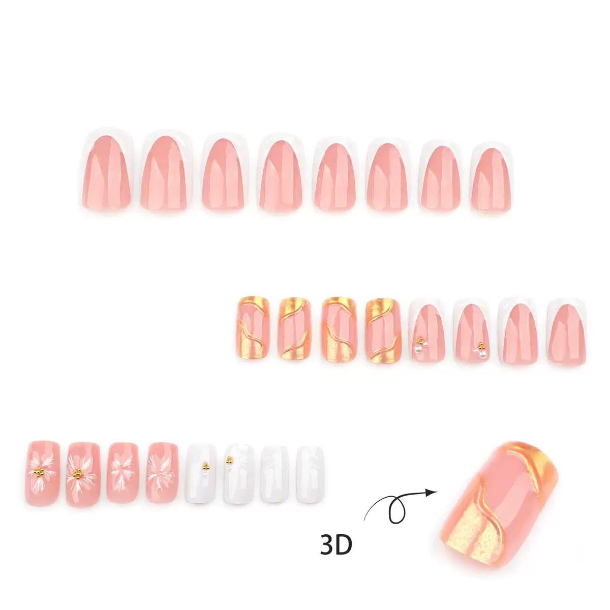 CTTHNBD Künstliche Nägel, quadratisch, mittelgroß, weiß, mit französischer Spitze und 3D-Wellenmuster, elegant, selbstklebend, volle Abdeckung für Damen, 24 Stück