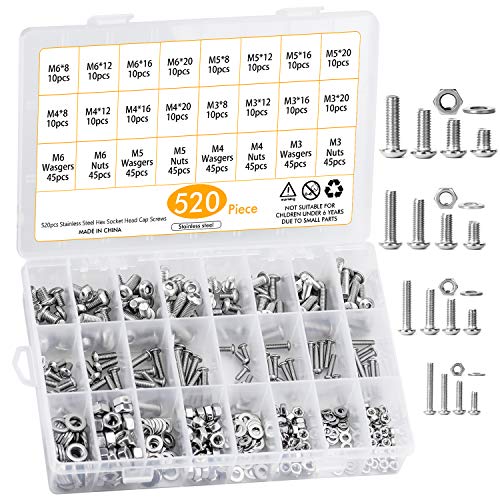 Preisvergleich Produktbild WEKON 520 Stück M3M4M5M6 Linsenkopfschrauben Gewindeschrauben Set 304 Edelstahl Zylinderschrauben mit Muttern und Unterlegscheiben Sortiment Kit