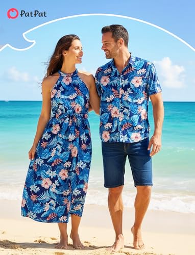 Image of PATPAT Family Hawaiian Matching Outfits - Mommy and Me Vacation Outfits | Halter Sundresses and Button Down Shirts,Caribbean Vacation Summer Tropical Outfits,Hawaiian Boho Tropical Floral Printed